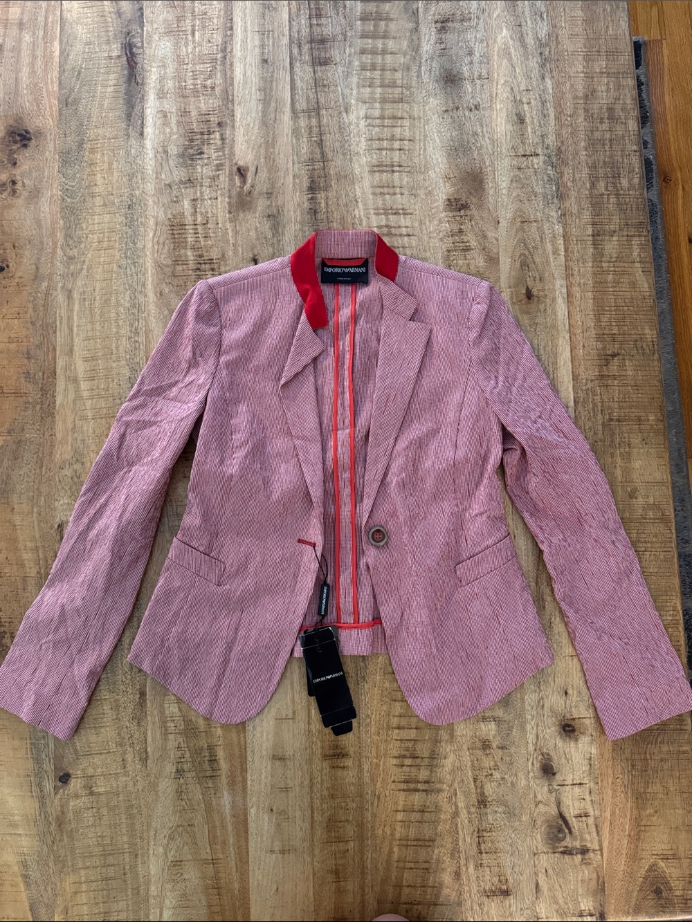 Emporio Armani Women’s Red And White cotton blend stretch Textured Blazer Jacket